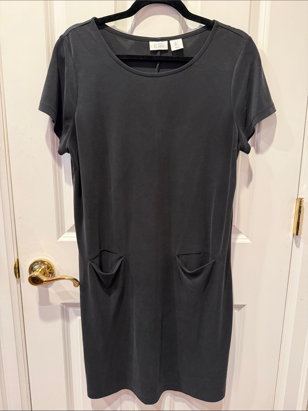 Sigrid Olsen Black Short-Sleeve Pocket Shift Dress